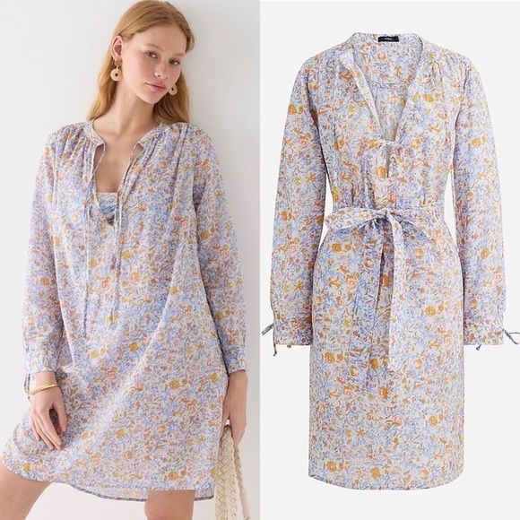 J. Crew Cotton Tie-waist tunic beach dress in afternoon floral - Picture 1 of 12